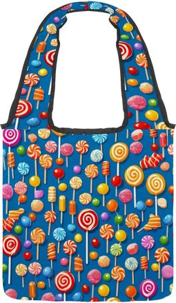 Generic Blue Candy Pattern Reversible Canvas Shoulder Tote - Double-Sided Print, 12oz Cotton, 27cm Drop, Fold-Flat Bag for Travel, Shopping, Street Outings