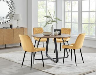 Furniturebox Santorini Brown Round Dining Table & 4 Pesaro Black Leg Chairs in Mustard
