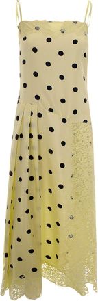 Sportmax Long Silk Twill Dress with Polka Dot Print and Lace Accents
