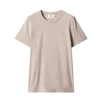 Maison Kitsun&eacute; Tops, Dames, Beige, XS, Katoen, Fox Patch Crew Neck T-Shirt