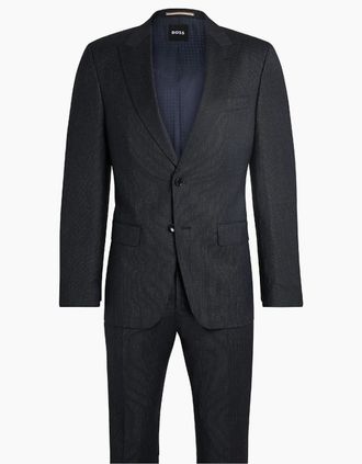 HUGO BOSS Mens Solid Patterned Notch Collared Flap Pocket Full Suit - Navy - Size: 40 50