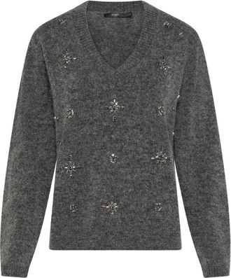 Seventy Trui met V-hals van wolmix met applicaties - Dames - V-hals truien - Grijs - XS - Wol - Truien & Vesten