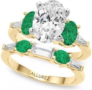 Allurez Oval Lab Grown Diamond & Emerald Bridal Set 14K Yellow Gold (4.65ct)