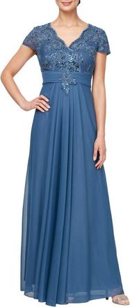 Alex Evenings Lace & Sequin Chiffon Gown in Vintage Blue at Nordstrom, Size 14P