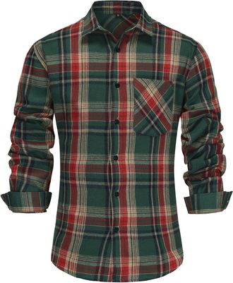 Generic Christmas Shirts for Men Casual Regular-Fit Long-Sleeve Button Down Shirt Linen Checked Shirt Fashion Soft Feasting Gifting Celebrating Turn Down Coll