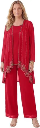 Roaman's Plus Size Long Sleeve Floral Beaded Georgette Three Piece Pant Set in Classic Red at Nordstrom, Size 32