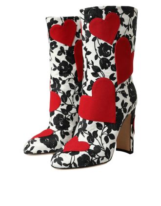 Dolce & Gabbana Womens White Floral Hearts Leather High Boots Shoes Black And
