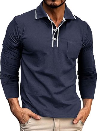 Generic Mens Polo Shirts Long Sleeve Collared Golf T-Shirt Casual Smart Muscle Fit Active Top Classic Button Business Work Sportshirt Pocket Fishing Running O
