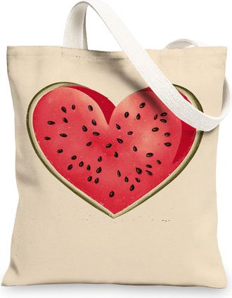 Generic Heart Watermelon Canvas Tote Bag, Cute Fruit Pattern Reusable Bags, Stylish Eco-Friendly Lightweight Washable Shoulder Strap for Shopping Travel 13x15