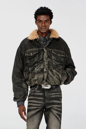 Diesel Teddy-lined trucker jacket in dirty-effect denim - Denim Jackets - Unisex - Black