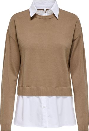 Only 2-in-1-Pullover ONLY ONLPAYSON LS MIX PULLOVER KNT, Damen, Gr. M, cocoa cr&eacute;me detail:cloud dancer woven, Strick, Obermaterial: 52% Viskose, 26% Polyes