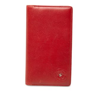 Chanel Red Color Leather Long Wallet (Bi-Fold) (Pre-Owned)