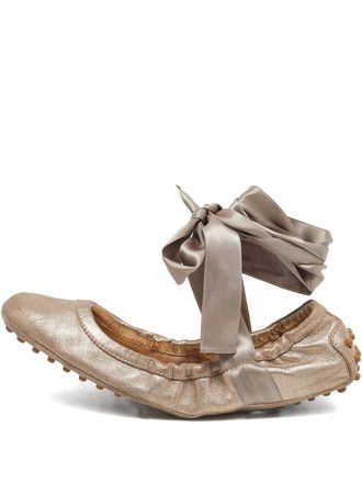 Tod's Pre-Owned nubuck-leather ribbon-fastening ballet flats - Neutrals