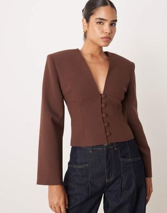 Asos Blazer marrone stretto in vita con scollo profondo