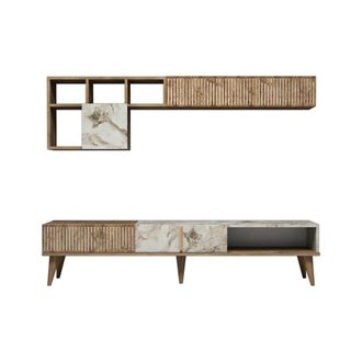 Dmora Pared equipada efecto madera nogal, m&aacute;rmol blanco 180x35 cm