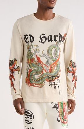 Ed Hardy Rhinestone Dragon Long Sleeve Graphic T-Shirt in Ivory at Nordstrom Rack, Size Xx-Large