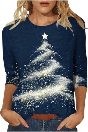 Generic Christmas Jumpers for Women Christmas Tops 3/4 Sleeve Round Neck Elegant Xmas Sweatshirt Tree Print Graphics Xmas Shirt Holiday Long Sleeve Tops (09-B