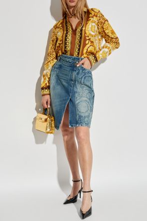 Versace Denim Skirt With Front Slit, Womens, Blue