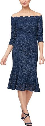 Alex Evenings Midi Length the Shoulder Dress Womens Dress Navy : 8, Lace/Nylon/Polyester
