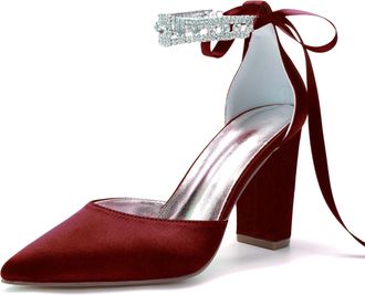 Generic Wedding Bridal Shoes Block Heel Bridal Party Wedding Pumps Womens Satin Pointed Toe Heel Evening 9Cm,Wine red,10 UK