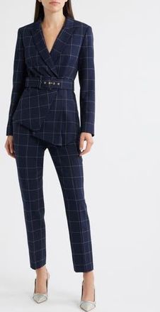 Tahari by ASL Windowpane Check Belted Blazer & Pants Set in Navy Ivory at Nordstrom Rack, Size 6