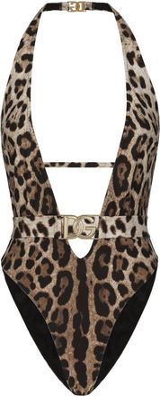 Dolce & Gabbana leopard-print logo-lettering swimsuit - women - Nylon/Elastane/Elastane/Nylon - 4 - Brown