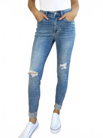Judy Blue Mid Rise Destroy And Cuff Skinny Jeans In Medium Wash