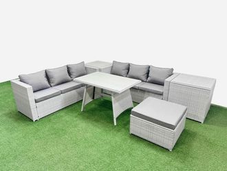 Fimous 7-seater Patio Rectangular Table 3 Seater Sofa Set with 2 Side Tables in Light Grey
