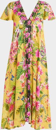 Johnny Was Eva Draped Floral-Print Midi Dress