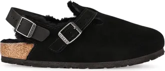 Birkenstock Womens Tokio Leather & Fur Slippers Black Flat Shoes