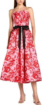 Mac Duggal Brocade Strapless A Line Midi Dress With Satin Bow in Red Multi at Nordstrom, Size 14