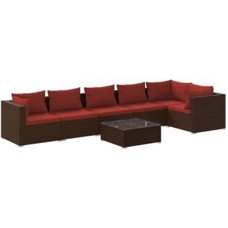 vidaXL Set Muebles De Jard&iacute;n 7 Piezas Y Cojines Rat&aacute;n Sint&eacute;tico Marr&oacute;n Vidaxl