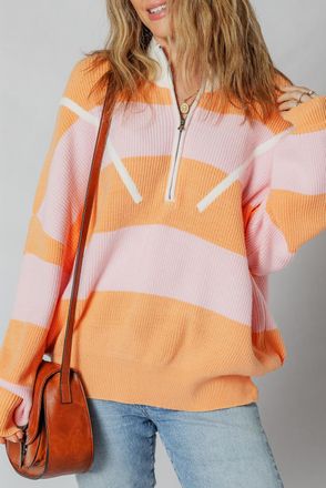 Azura Exchange Womens Striped Quarterzip Sweater - Coral - Size X-Large