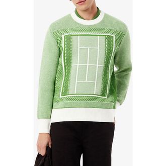 Lacoste Tennis Court Cotton Blend Jacquard Sweater in Billiard Green/Flour at Nordstrom, Size 7