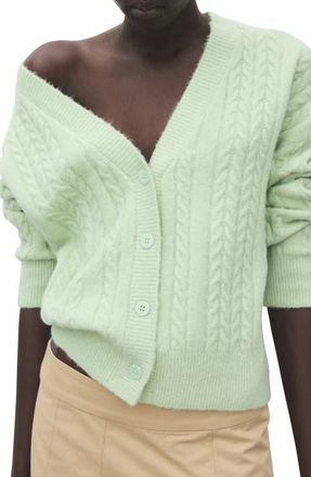 Mango Cable V-Neck Cardigan in Pastel Green at Nordstrom, Size X-Small