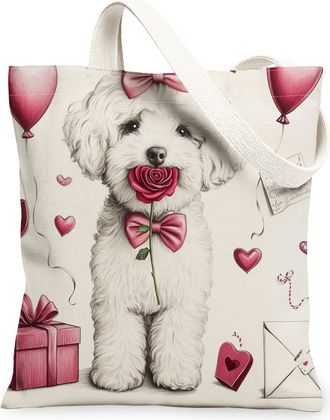 Generic Valentines Day Boxer Dog Canvas Tote Bag for Shopping 13x15, Fun Vintage Puppy Reusable Grocery Print Bag for Women, Lover Beach Aesthetic Painting Gi