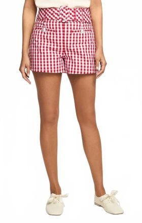 Cinq &agrave; Sept Mini Gingham Denim Allie Shorts In Chili Pepper/white
