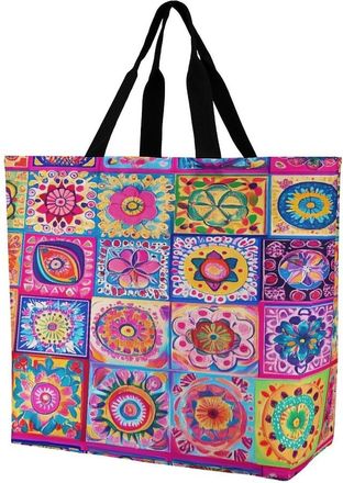 Generic Colorful Bohemian Flowers Reusable Shopping Bags Large Capacity Grocery Bag Heavy Duty Tote for Women 40x40x16cm