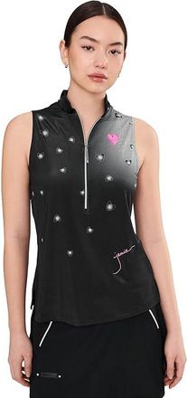 Jamie Sadock Happy Heart Sleeveless Zip Front with Scattered Dots Womens Clothing Black : XL, Polyester/Spandex