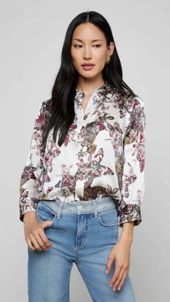 L'agence Dani Silk Blouse In White Butterfly Jungle