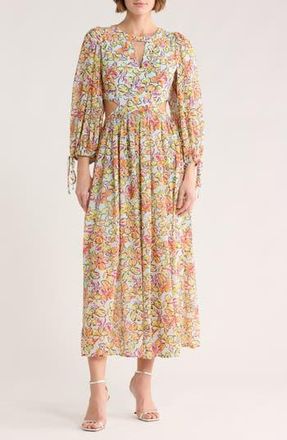 Maje Risofa Long Sleeve Maxi Dress in Imprime Hibiscus Orange/Bleu at Nordstrom Rack, Size 8 Us / 40 Fr