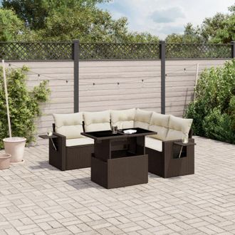 vidaXL Set Sof&aacute;s De Jard&iacute;n 6 Piezas Y Cojines Rat&aacute;n Sint&eacute;tico Marr&oacute;n Vidaxl