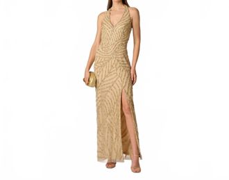 Aidan Mattox Sunburst Art Deco Beaded Halter Gown In Gold