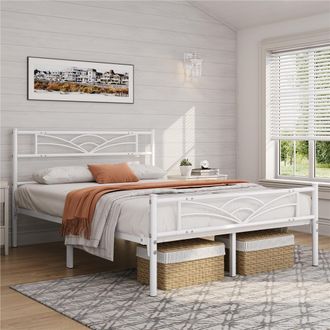 Yaheetech Homevive Cama Doble Con Espacio Bajo Marco Metal Altura 32 Cm Cama Individual Con Cabecera Para Colch&oacute;n De 140 &times; 200 Cm Blanco
