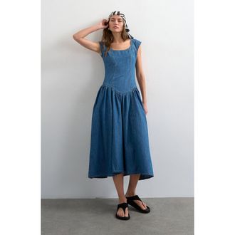 Topshop Denim Drop Waist Dress in Med Blue at Nordstrom, Size 16