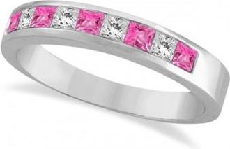 Allurez Princess Channel-Set Diamond & Pink Sapphire Ring Band 14k White Gold