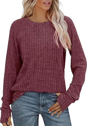 Generic Womens Long Sleeve Knitted Jumper Loose Casual Pullover with Ribbed Details Thumb Holes Solid Tunic Style Tops for UK Ladies Winter Jumpers for Women 