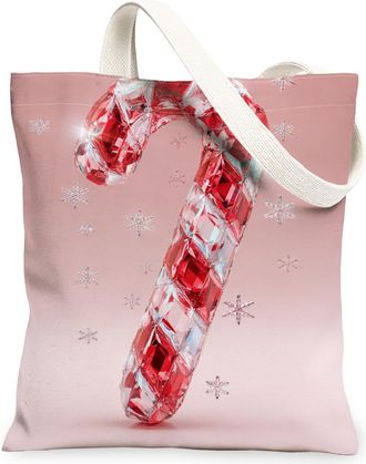 Generic Candy Cane Canvas Tote Bags, Holiday Sweet Treat Pattern Reusable Grocery Bags, Winter Chic Lightweight Washable Shoulder Strap Canvas 13x15 Inch