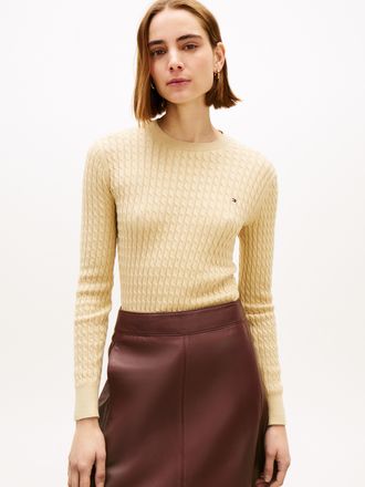 Tommy Hilfiger Rundhalspullover TOMMY HILFIGER CO CABLE C-NK LS SWEATER, Damen, Gr. L (42/44), harvest wheat, Strick, Obermaterial: 100% Baumwolle, unifarben, regula