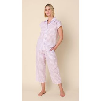 The Cats Pajamas Luxe Pima Capri Print Set in Classic Stripe Lavender at Nordstrom, Size X-Large
